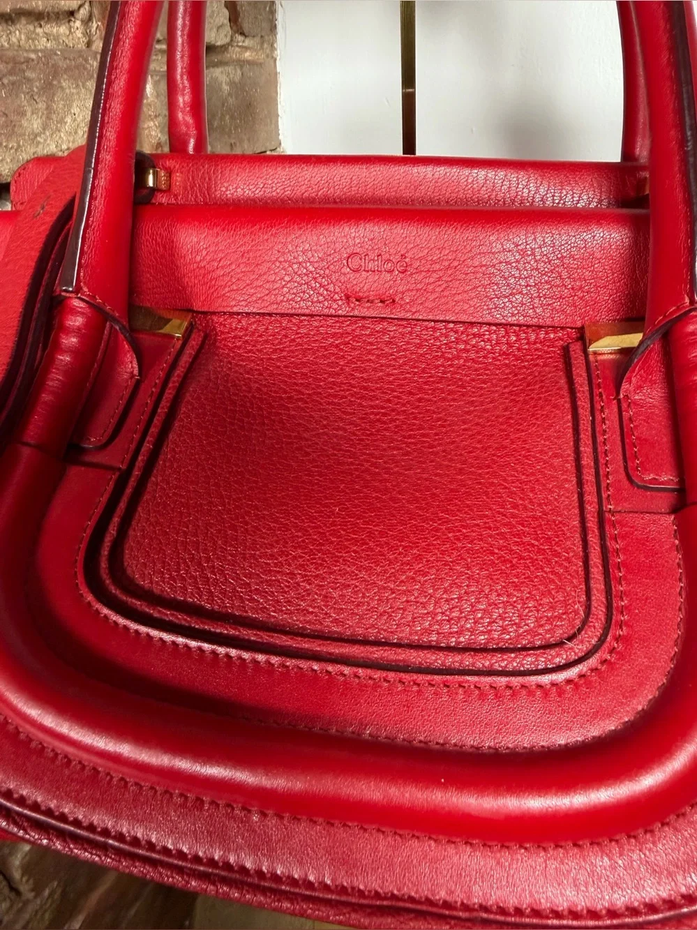 Chloé Everston Medium Red Leather Satchel Top Handle Shoulder Crossbody Bag